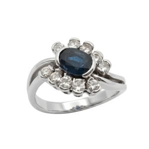 Anello Oro Bianco Zaffiro e Diamanti